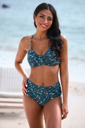 Ensemble de bikini bleu à bretelles réglables et col en cœur torsadé devant croisé dans le dos, contrôle du ventre
