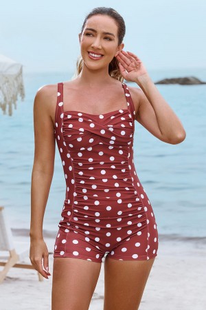 Maillot de bain une pièce rouge à pois, col en cœur, bretelles réglables, fronces sur le devant