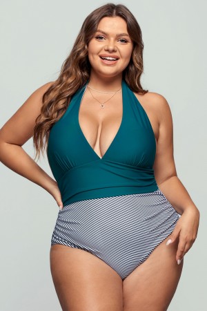 Maillot De Bain Une Pièce Vert Et Rayé Dos Nu