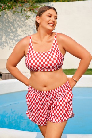 Ensemble Bikini Plus Size à Rayures Vichy Rouge et Blanc avec Bretelles Ajustables et Shorty