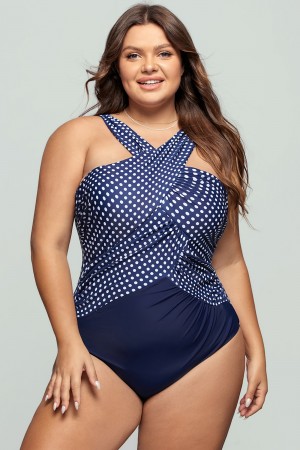 Maillot de bain une pièce col montant pois bleus et blancs