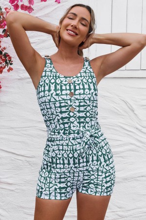 Maillot de bain une pièce géométrique à encolure dégagée et bretelles larges avec ceinture boutonnée vert