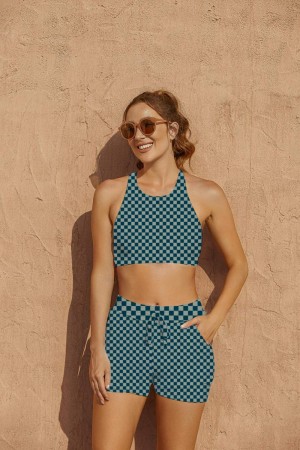 Ensemble de bikini sportif à larges bretelles et col rond en treillis vert