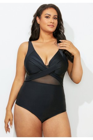 Maillot de bain une pièce noir en maille torsadée sur le devant