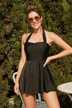 Robe de bain noire unie à bretelles et col en cœur