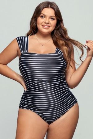 Maillot de bain une pièce rayé à larges bretelles et épaules dénudées
