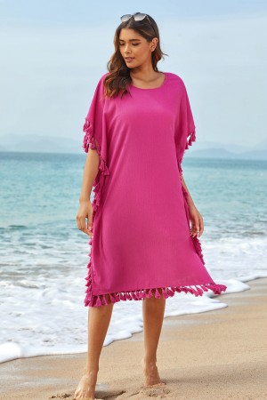 Robe de plage ample rouge uni à col rond et bord à pompon, manches chauve-souris