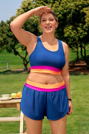 Short athlétique plus size stylé à superposition colorblock bleu.