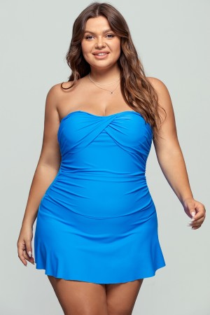 Robe de bain à jupe et col bandeau bleu uni
