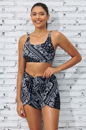 Haut de bikini à bretelles réglables à fleurs noires et ensemble court unique