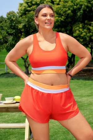 Top de bikini plus size sportif colorblock orange à col rond