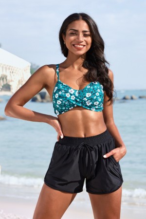 Floral Scoop Neck Adjustable Straps Bikini Top And Black HighWaisted Boy Short