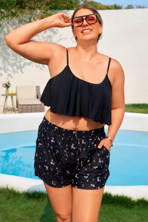 Ensemble Bikini Plus Size Noir à Bretelles Spaghetti Volantes avec Haut Chic et Shorty