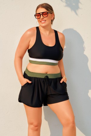 Ensemble Bikini Plus Size Sportif à Colorblock Noir avec Haut et Shorty