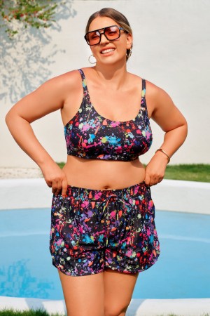 Ensemble Bikini Plus Size Coloré à Col Rond Chic avec Haut et Shorty