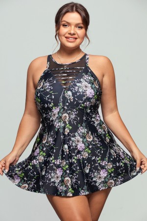 Ensemble de tankini fleuri à col haut et lacets