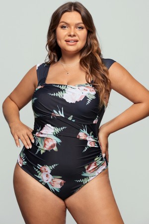 Maillot de bain une pièce fleuri à larges bretelles et épaules dénudées