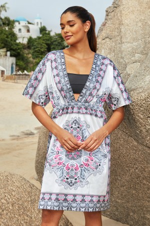 Robe de plage de style Boho à motifs géométriques et col en V plongeant à demi-manches
