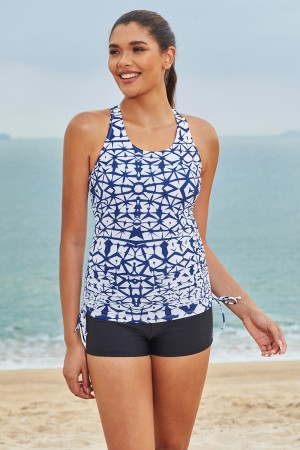 Ensemble de tankini sportif bleu à motif géométrique unique, col rond, cordon de serrage sur les côtés