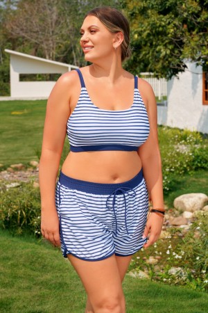 Ensemble de bikini plus size à bretelles réglables rayées avec top taille haute et culotte short