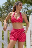 Red Halter Strap Checkered Bikini Top and Boy Short Set