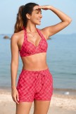 Red Halter Strap Checkered Bikini Top and Boy Short Set