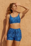 Deep Blue Floral Square Neck Adjustable Straps Sporty Bikini Top And HighWaist Boy Shorts