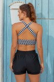 Striped Square Neck Wide Straps Sporty Bikini Top And HighWaist Boy Shorts
