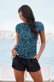 Blue Floral High Neck Short Sleeves Zipper Front Side Drawstring Tankini Top And Floral HighWaisted Boy Shorts Set