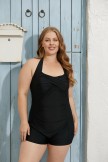 Solid Black Halter Strap Sweetheart Neck Ruching Tummy Control Boyleg Casual OnePiece Swimsuit