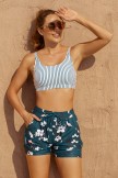 Stripes Square Neck Wide Straps Sporty Bikini Top And Floral HighWaist Boy Shorts