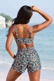 Colorful Floral Scoop Neck Adjustable Straps Sporty Bikini Top And HighWaist Boy Shorts Set