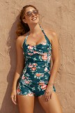 Floral Halter Strap Sweetheart Neck Ruching Tummy Control Casual OnePiece Swimsuit