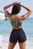 Green Floral Scoop Neck Adjustable Strap  Bikini Top And HighWaist Boy Shorts Set