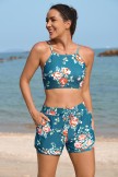Green Floral Laceup Crop Bikini Top and Boy Short Set