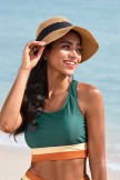 Teal Colorblock Scoop Neck Racerback Bikini Top And HighWaist Pleated Skirt