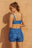 Deep Blue Floral Square Neck Adjustable Straps Sporty Bikini Top And HighWaist Boy Shorts