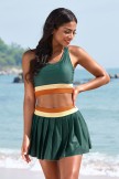 Teal Colorblock Scoop Neck Racerback Bikini Top And HighWaist Pleated Skirt
