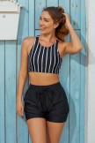 Striped Scoop Neck Wide Straps Cross Back Sporty Bikini Top And HighWaist Boy Shorts