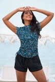 Blue Floral High Neck Short Sleeves Zipper Front Side Drawstring Tankini Top And Floral HighWaisted Boy Shorts Set