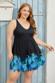 Blue Floral Border Scallop Hem V Neck Adjustable Straps Swimdress