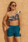 Coffee Floral Print One Shoulder Crop High Waist Bikini Top And Blue HighWaist Boy Shorts