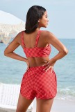 Red Plaid Scoop Neck Adjustable Straps Bikini Top And HighWaist Boy Short