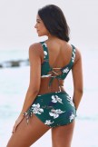Green Floral Vneck Twist Front Strappy Bikini Top And Drawstring Bottom Set