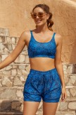 Deep Blue Floral Square Neck Adjustable Straps Sporty Bikini Top And HighWaist Boy Shorts