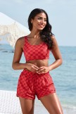 Red Plaid Scoop Neck Adjustable Straps Bikini Top And HighWaist Boy Short