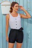Striped Scoop Neck Button Belt OnePiece Swimsuit