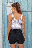 Striped Scoop Neck Button Belt OnePiece Swimsuit