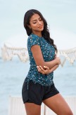 Blue Floral High Neck Short Sleeves Zipper Front Side Drawstring Tankini Top And Floral HighWaisted Boy Shorts Set