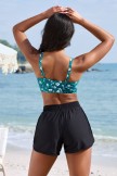 Floral Scoop Neck Adjustable Straps Bikini Top And Black HighWaisted Boy Short
